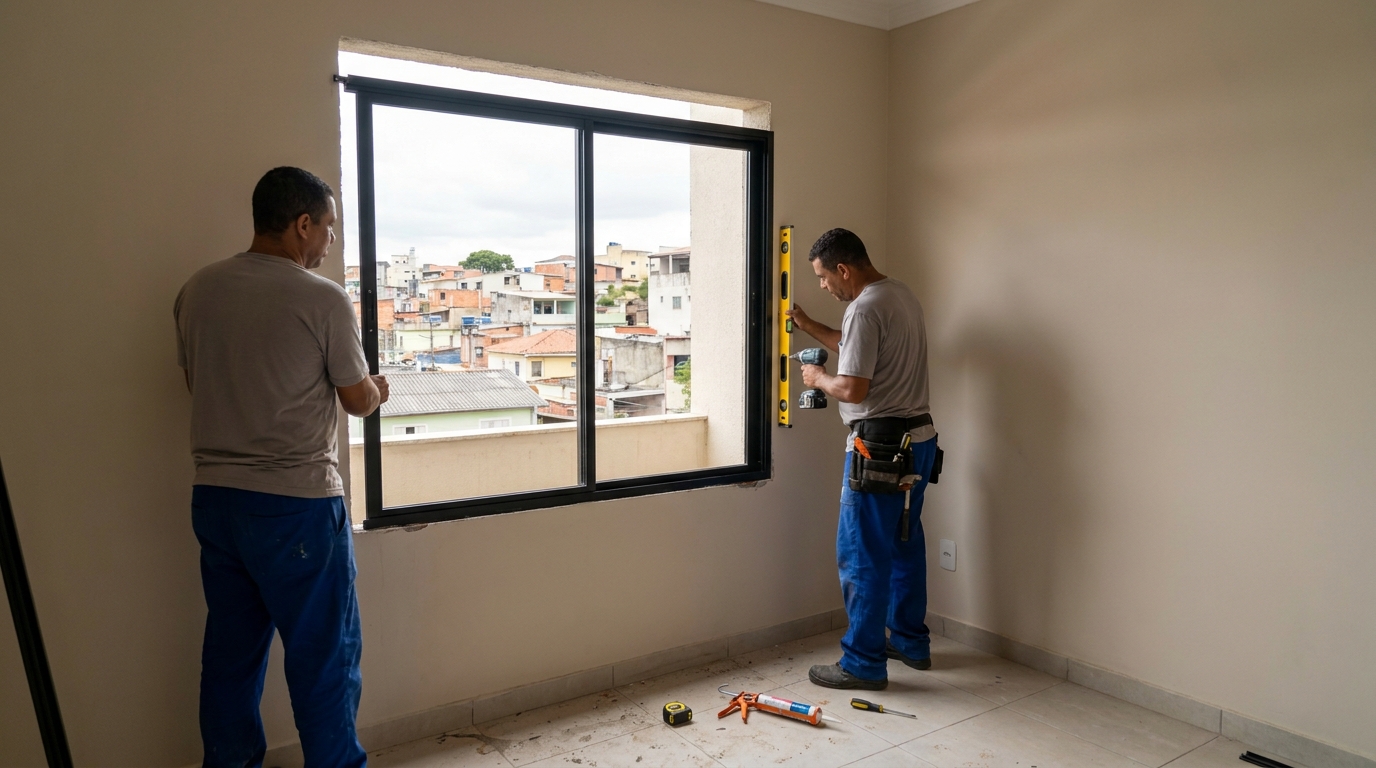 Esquadria de alumínio em quarto bege em Macaé-RJ