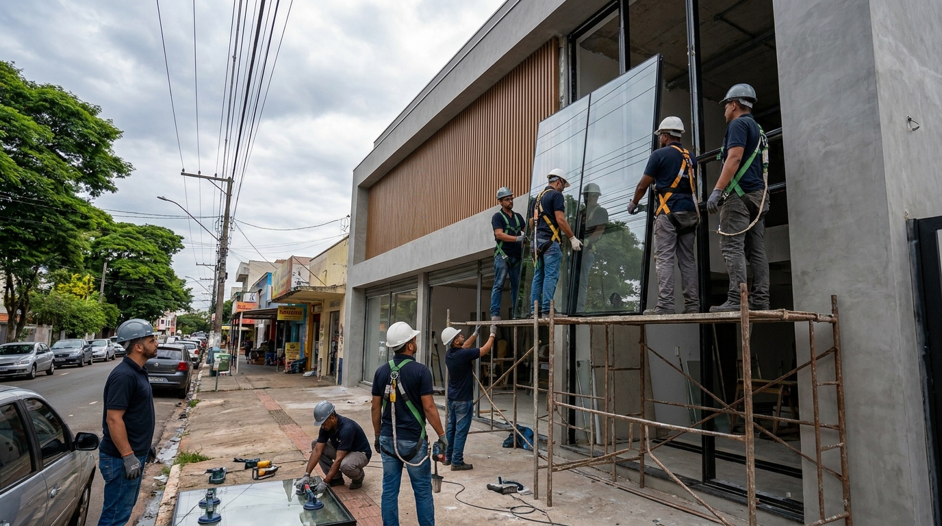 Fachada de vidro com andaime lateral em Macaé-RJ