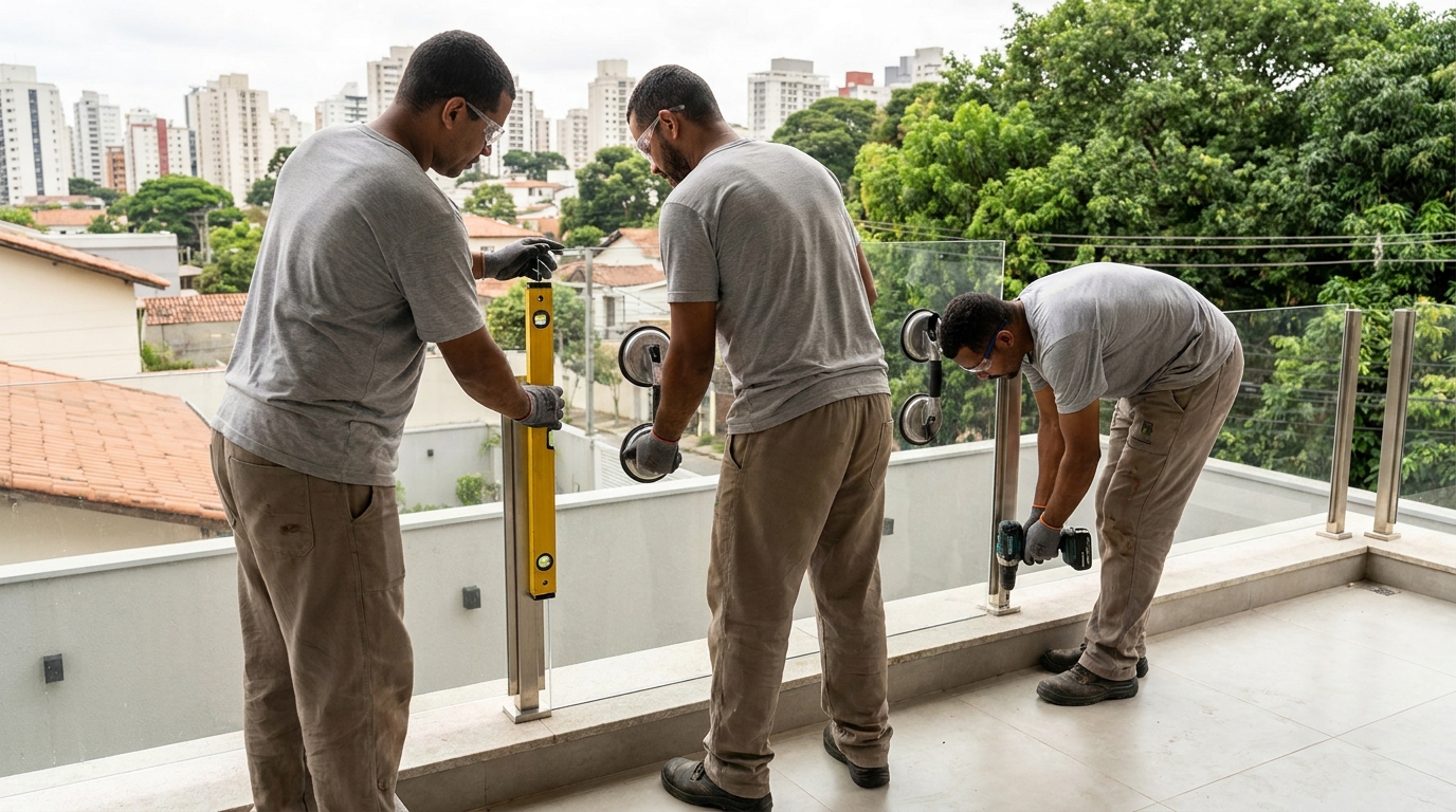 Guarda-corpo em terraço alto com vista cidade em Macaé-RJ