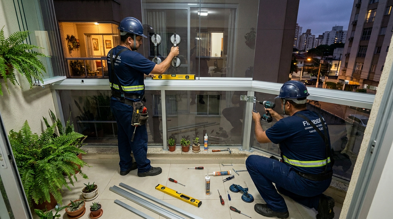 Instalação noturna de parede de vidro em Macaé-RJ