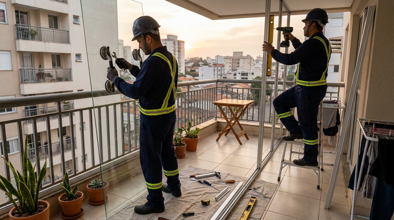 Instalação de parede de vidro em sacada em Macaé-RJ