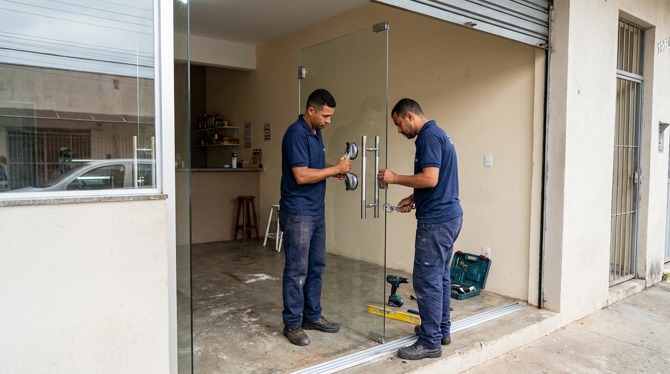 Dupla instalando porta de vidro em loja em Macaé-RJ